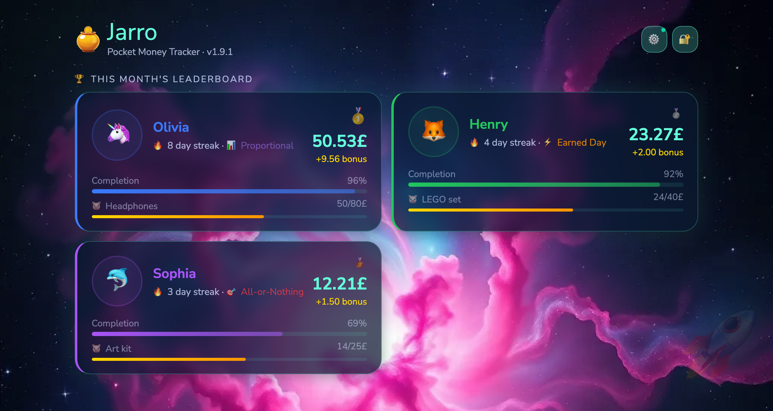 The Jarro leaderboard in the cosmic Space theme — deep blue nebula with neon accents